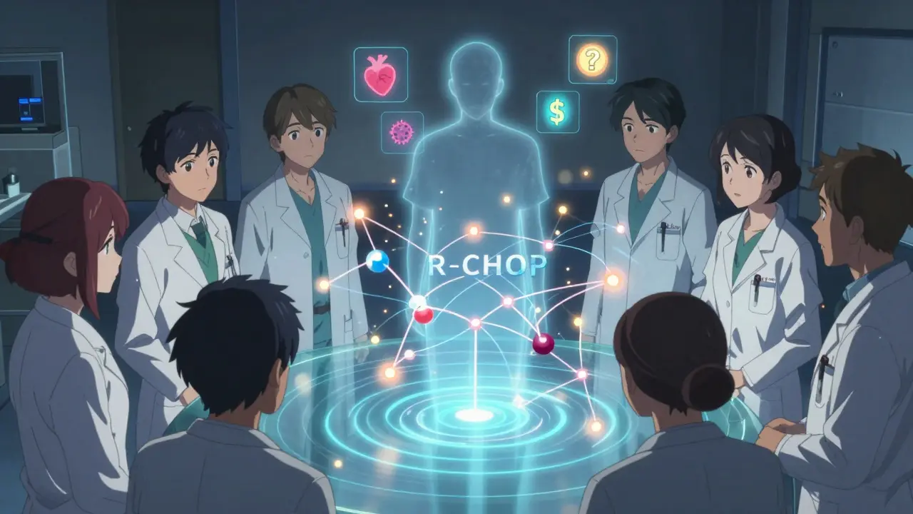 A medical team analyzing a holographic cancer drug combo as one component fails, triggering warning lights.
