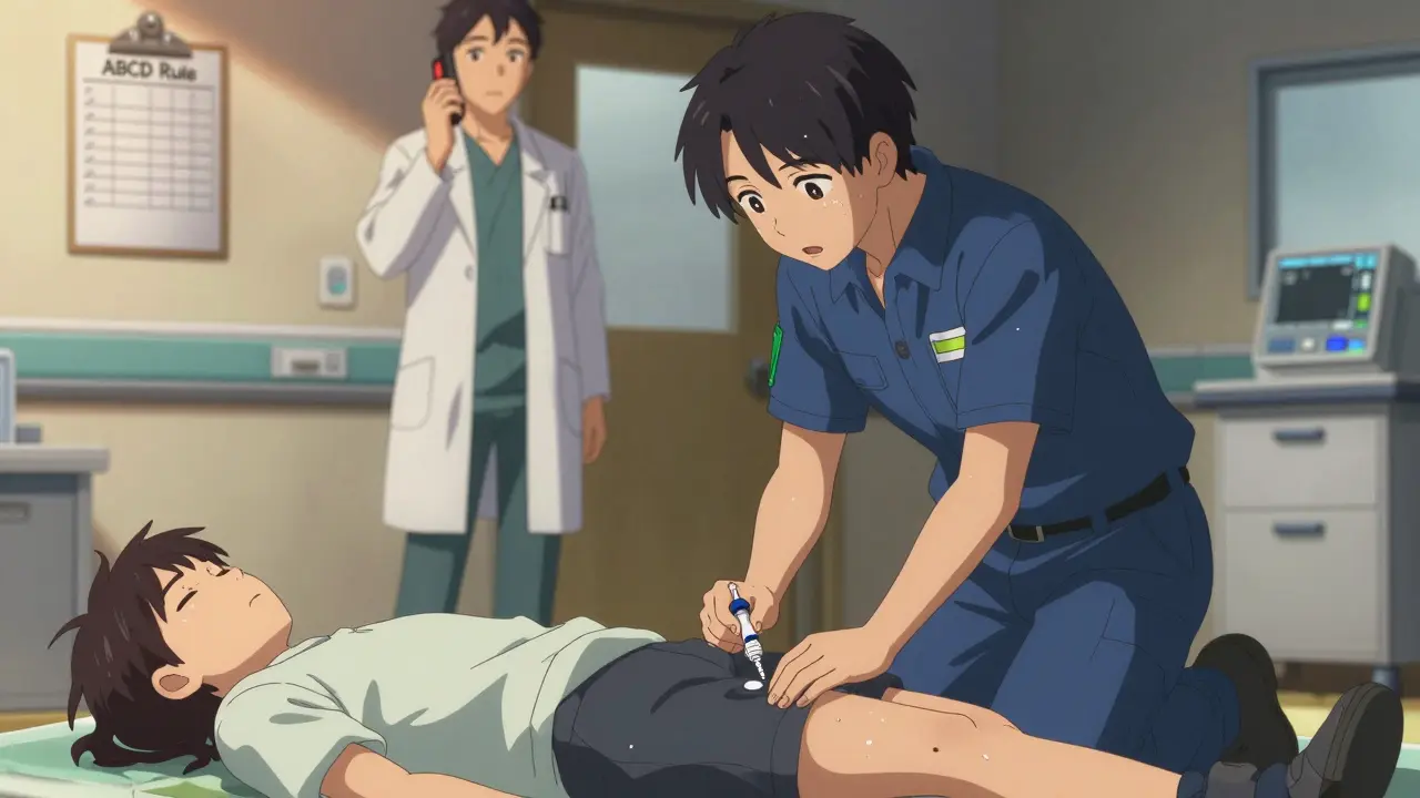 A paramedic administering epinephrine to a collapsed patient in a hospital setting.