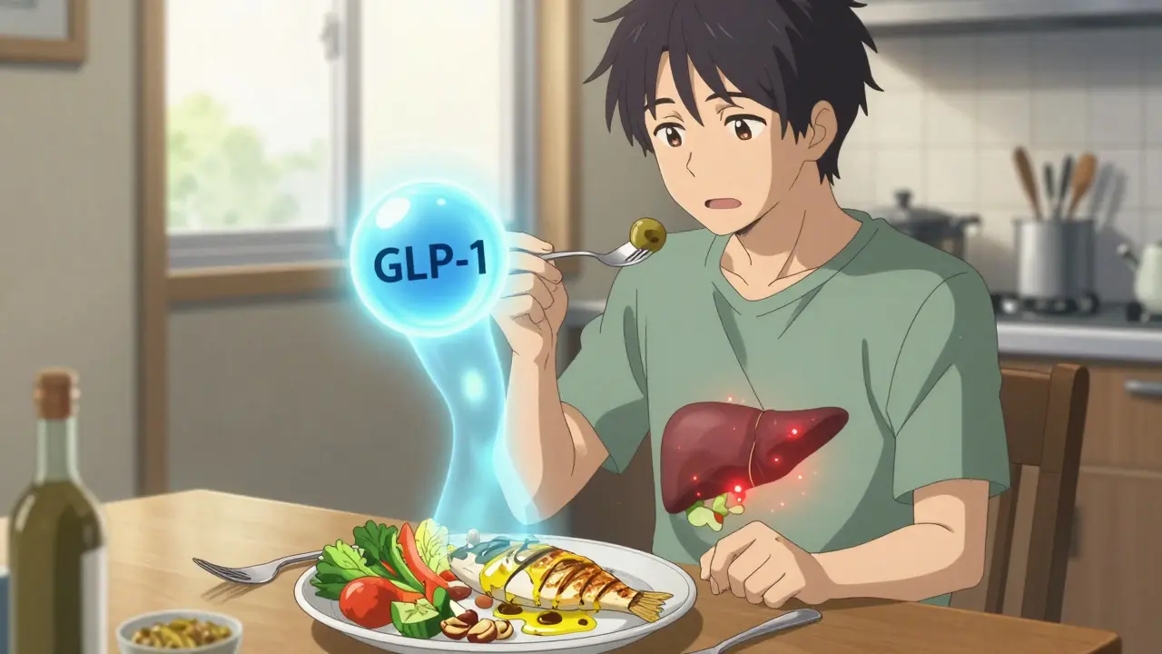 A person eating a Mediterranean meal as a GLP-1 molecule emits calming blue light into their body, reducing liver inflammation.