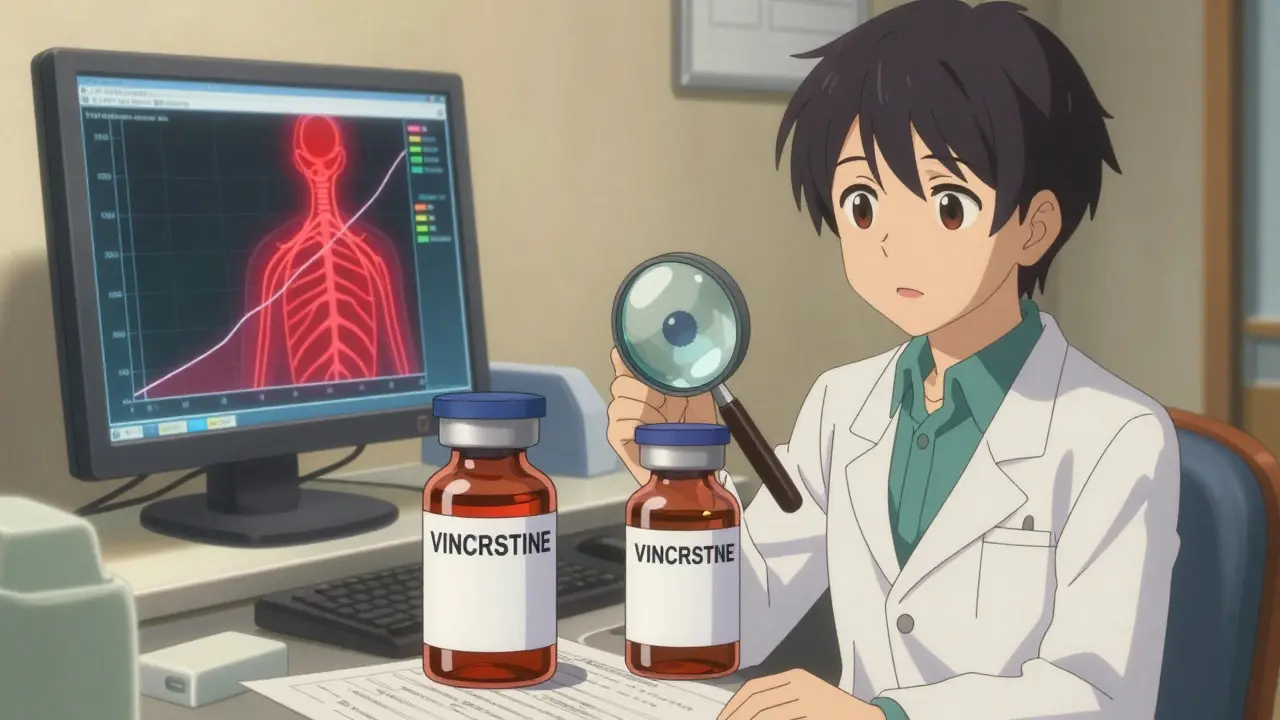 A pharmacist comparing two vials of vincristine, with a graph showing dangerous drug concentration spikes.