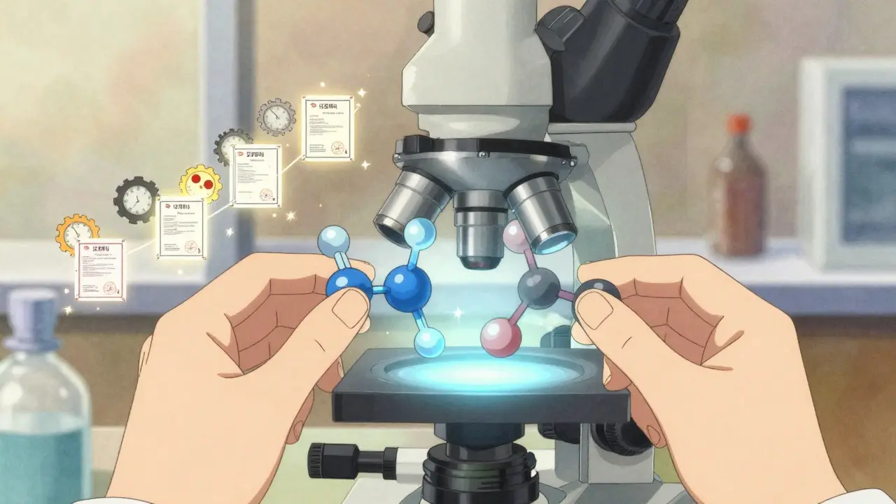 A scientist separates two molecular structures under a microscope, with patent icons turning clock gears backward.
