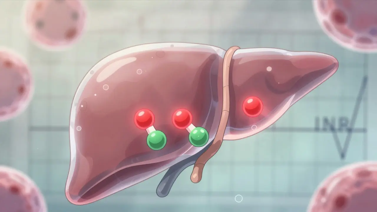 Close-up of liver cells disrupted by alcohol molecules affecting warfarin