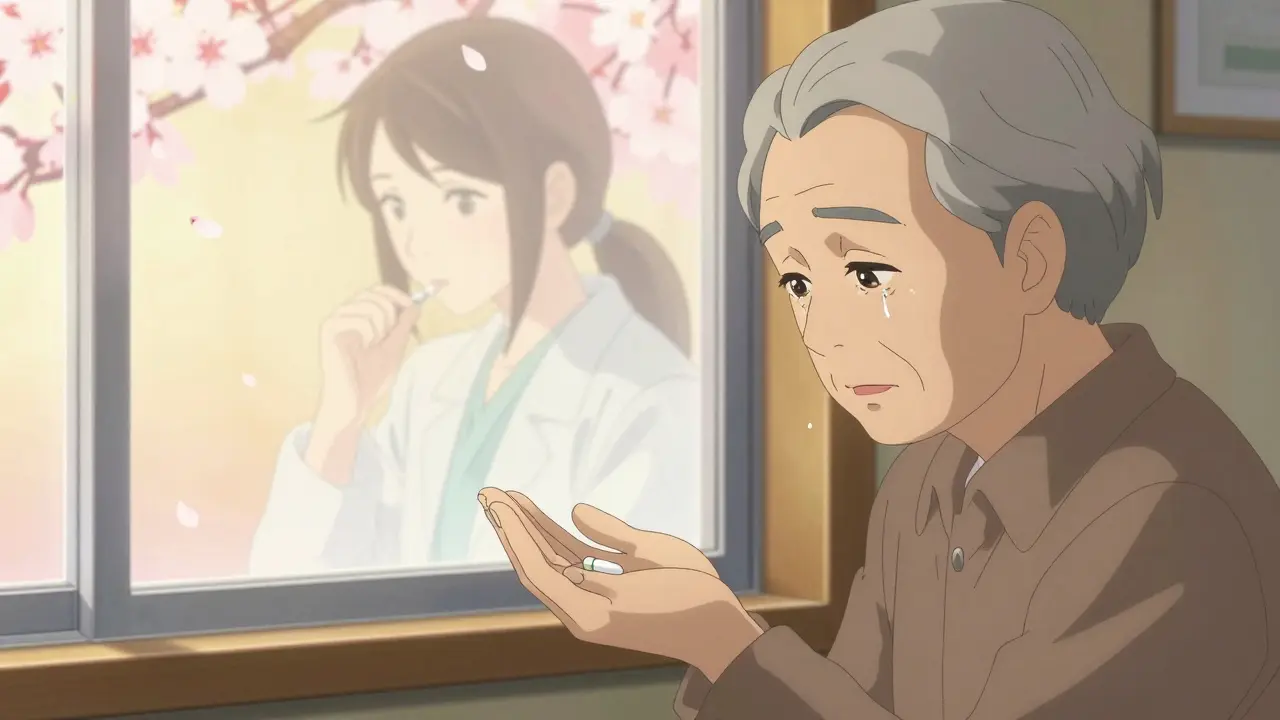 Elderly patient holding a new generic pill, with a translucent memory of their younger self taking the same medicine, cherry blossoms drifting nearby.