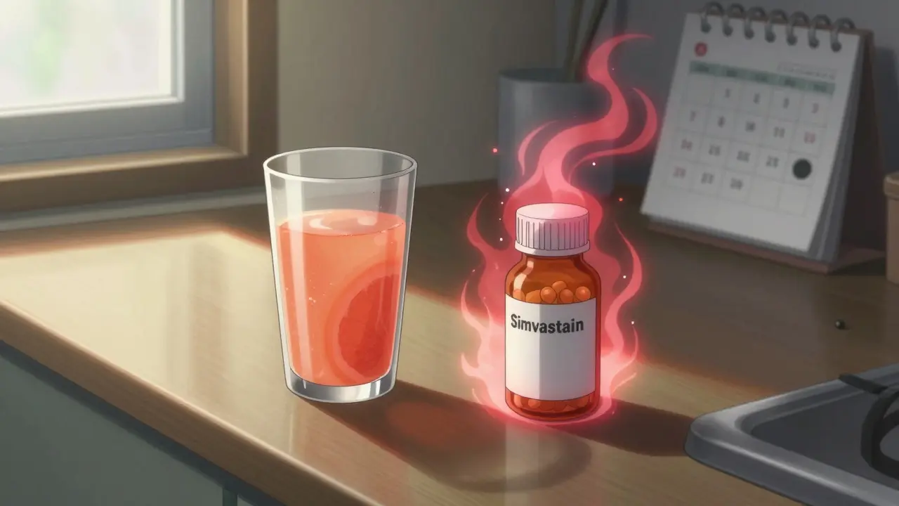 Grapefruit juice and a statin pill glow with dangerous energy in a sunlit kitchen, symbolizing a hidden drug interaction.