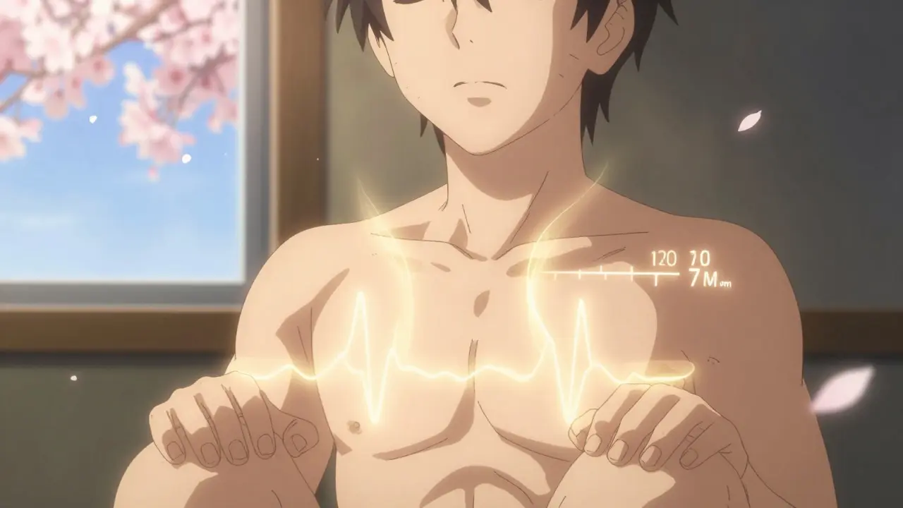 Hands practicing 4-7-8 breathing with a glowing aura as heart rate drops, symbolizing calm returning.