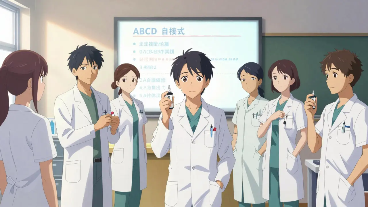 Healthcare workers training with epinephrine injectors while reviewing the ABCD anaphylaxis checklist.