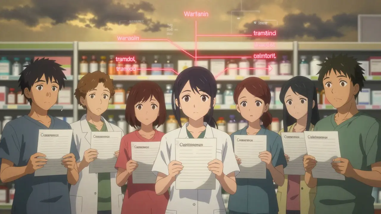 Patients hold medication lists before a digital interface showing dangerous drug connections, symbolizing awareness and prevention.