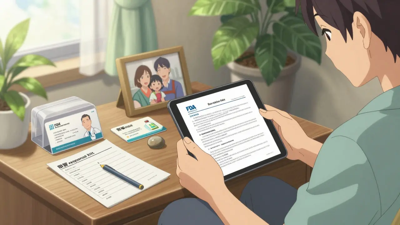 Person calmly reviewing a drug alert with a prepared response kit on a nightstand, sunlight streaming in.