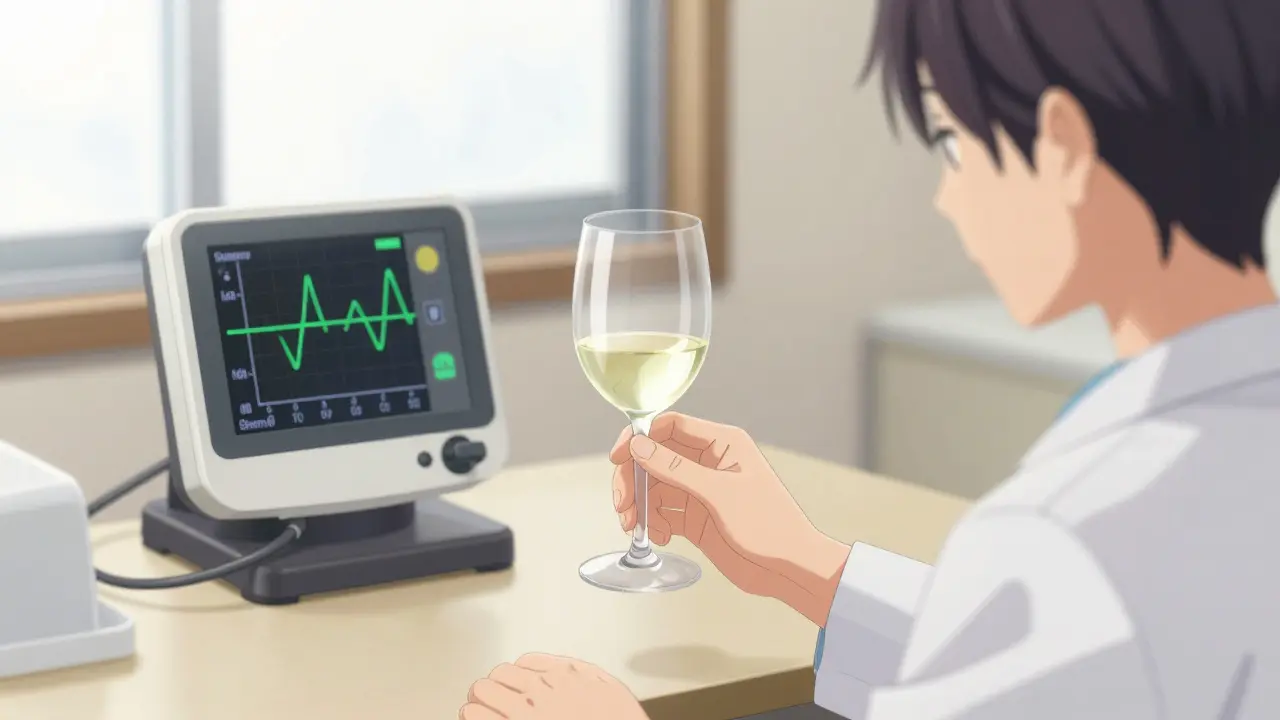 Person holding one wine glass with stable INR monitor