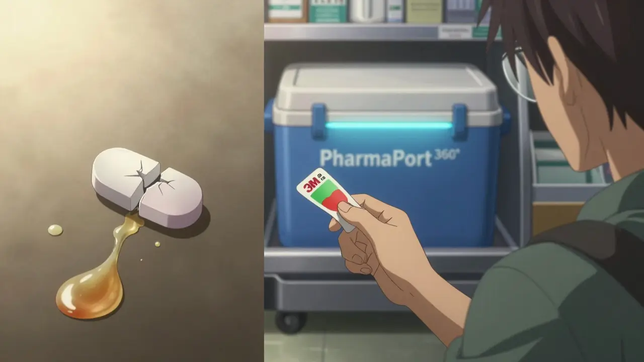 Split scene: damaged aspirin on one side, a traveler handing a color-changing temperature label to a pharmacist on the other.