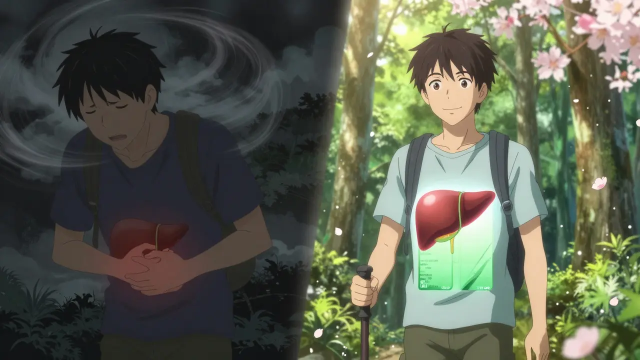 Split scene: one side shows nausea from GLP-1 treatment, the other shows the same person healthy and hiking, liver glowing clearly.