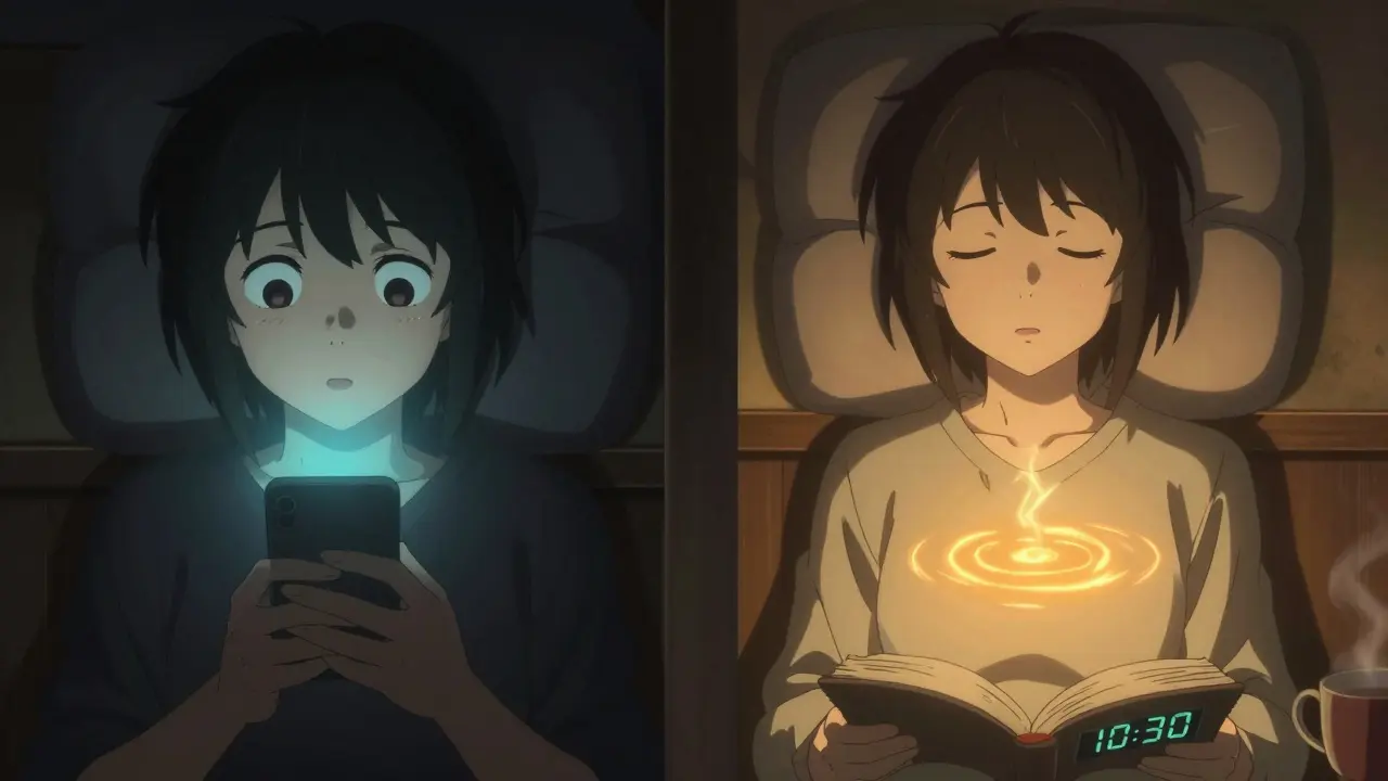 Split scene: person scrolling in dark room vs. peacefully sleeping with warm light and a book.