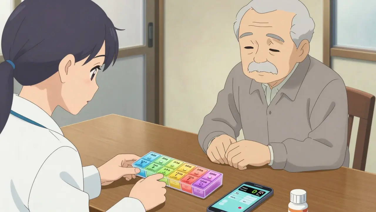 A caregiver helping an elderly man organize pills in a locked, color-coded pill box with a digital alert on phone.