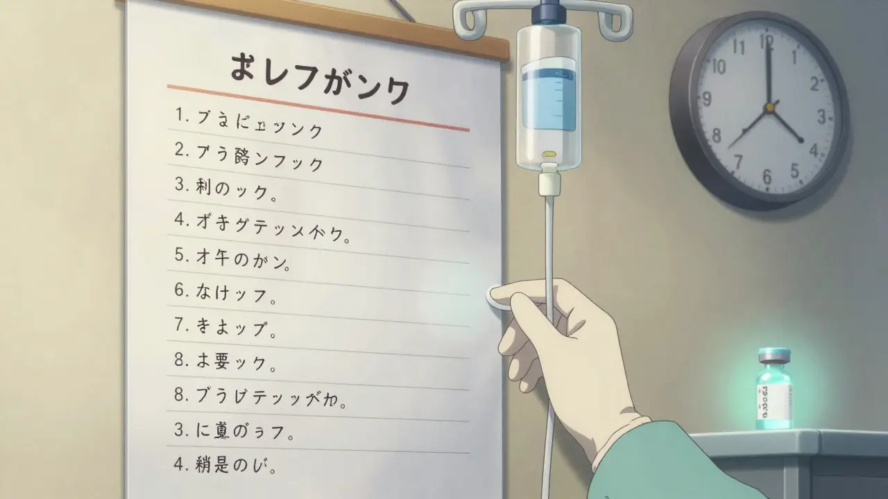 A detailed medical protocol chart with dosage steps, an IV drip adjusting, and a drug vial under soft clinical lighting.