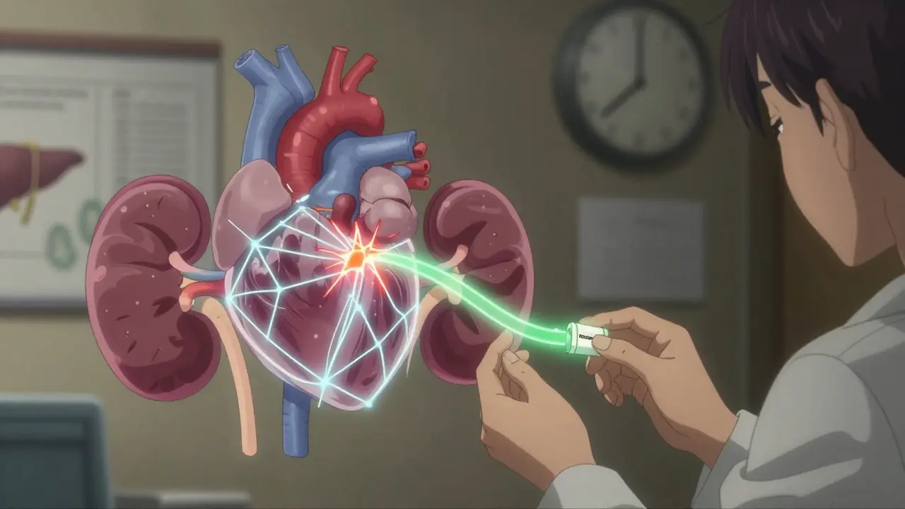 A glowing web of interconnected organs with medication threads, one snapping as metformin overloads the kidney, replaced by a safer option.