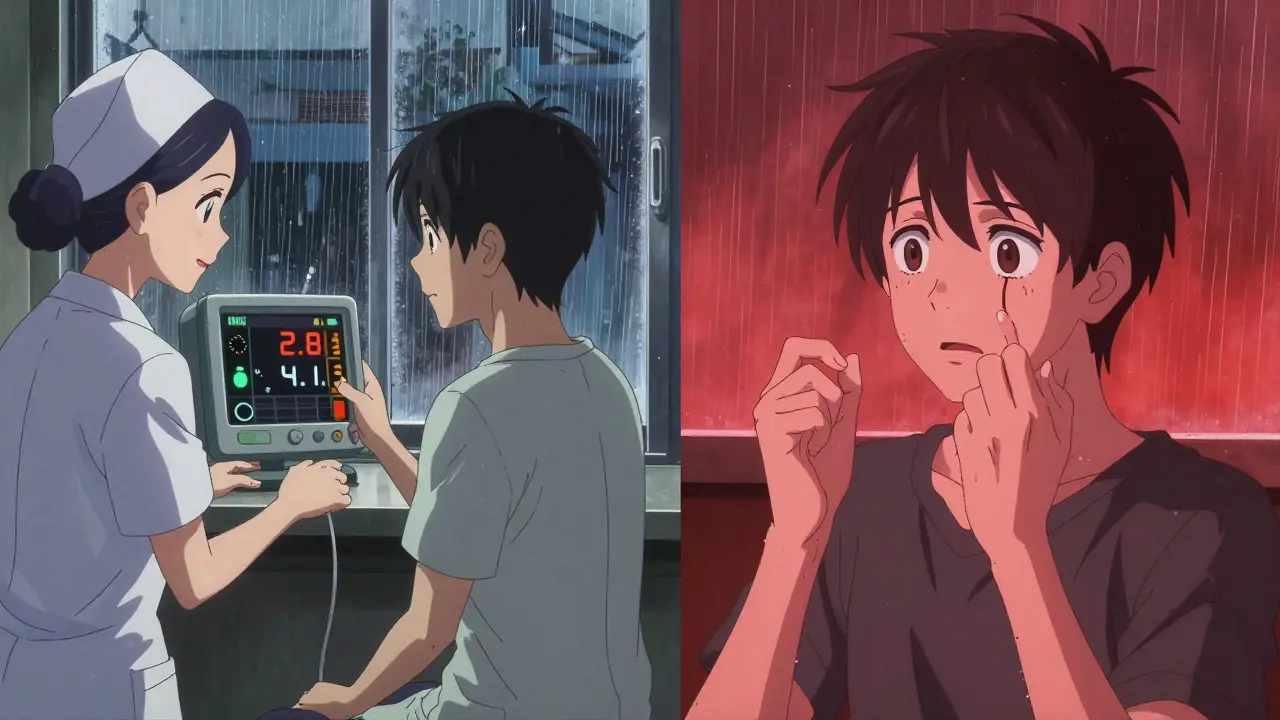 A patient watches their INR value spike from 2.8 to 4.1 on a monitor, looking alarmed.