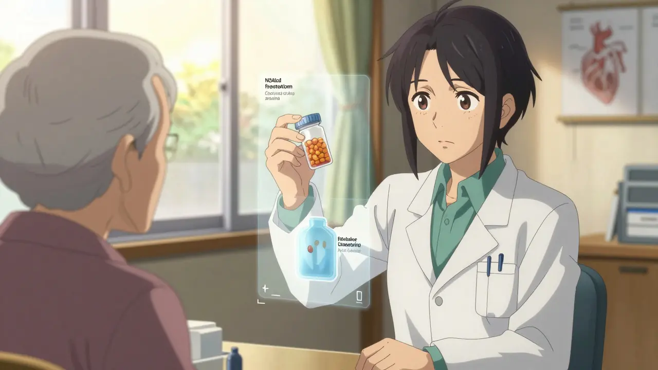 A pharmacist and elderly patient in a clinic, with invisible drug-disease dangers subtly shown through translucent overlays.