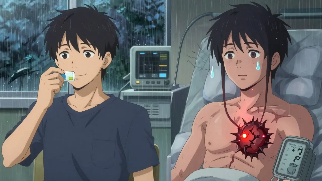 A split scene showing how a common cold medicine becomes dangerous for someone with heart disease, rendered in anime style.