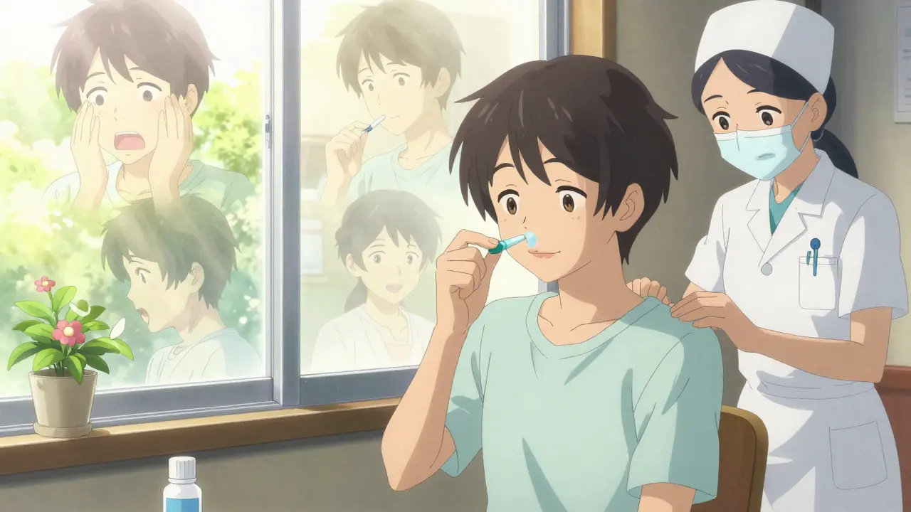 A teenager smiling after successful desensitization, taking daily aspirin with sunlight streaming in, symbolizing renewed health.