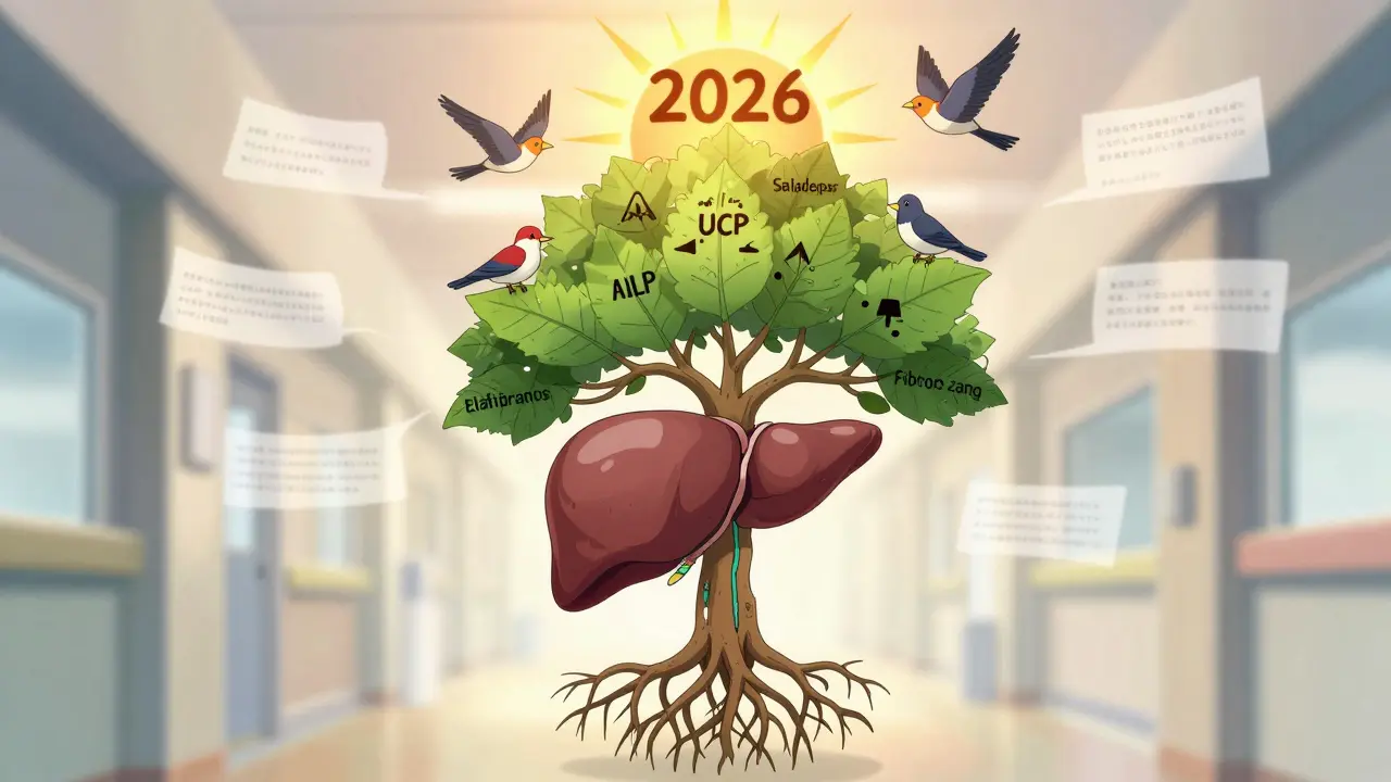 A tree grows from a liver, with birds labeled by PBC drugs flying toward a sunrise labeled '2026'.