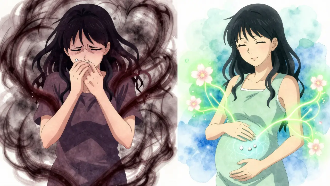 A woman experiences itching on one side, then peace on the other, with glowing pills symbolizing new PBC treatments.