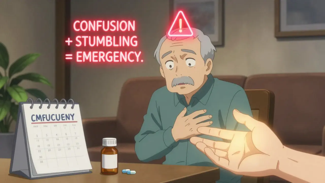 An elderly man experiencing confusion with a glowing emergency warning, symbolizing urgent medical need.