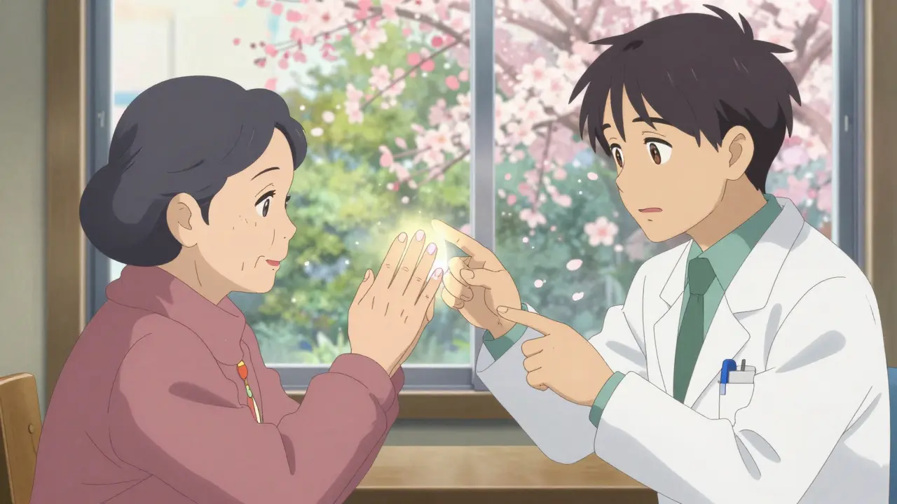 An elderly patient and doctor view a 3D joint model as sunlight streams through a window, symbolizing improved mobility.