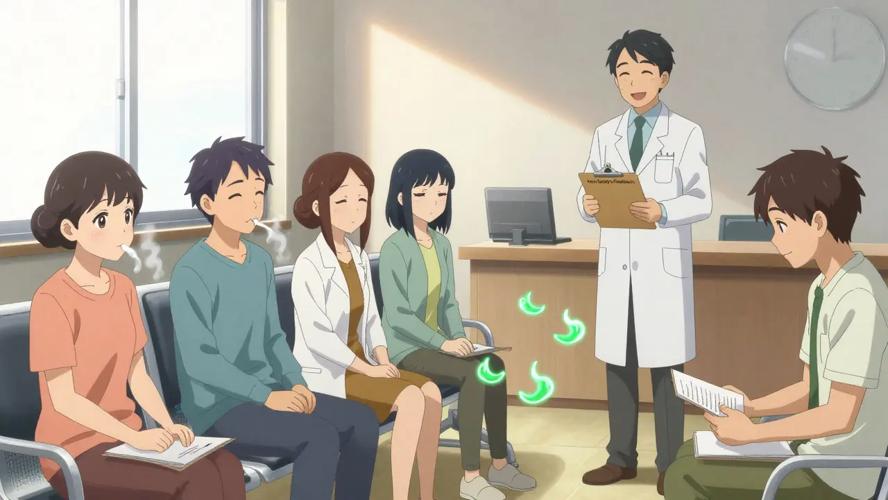 Diverse patients sharing side effect tips in a clinic, with gentle visual cues and supportive doctor.