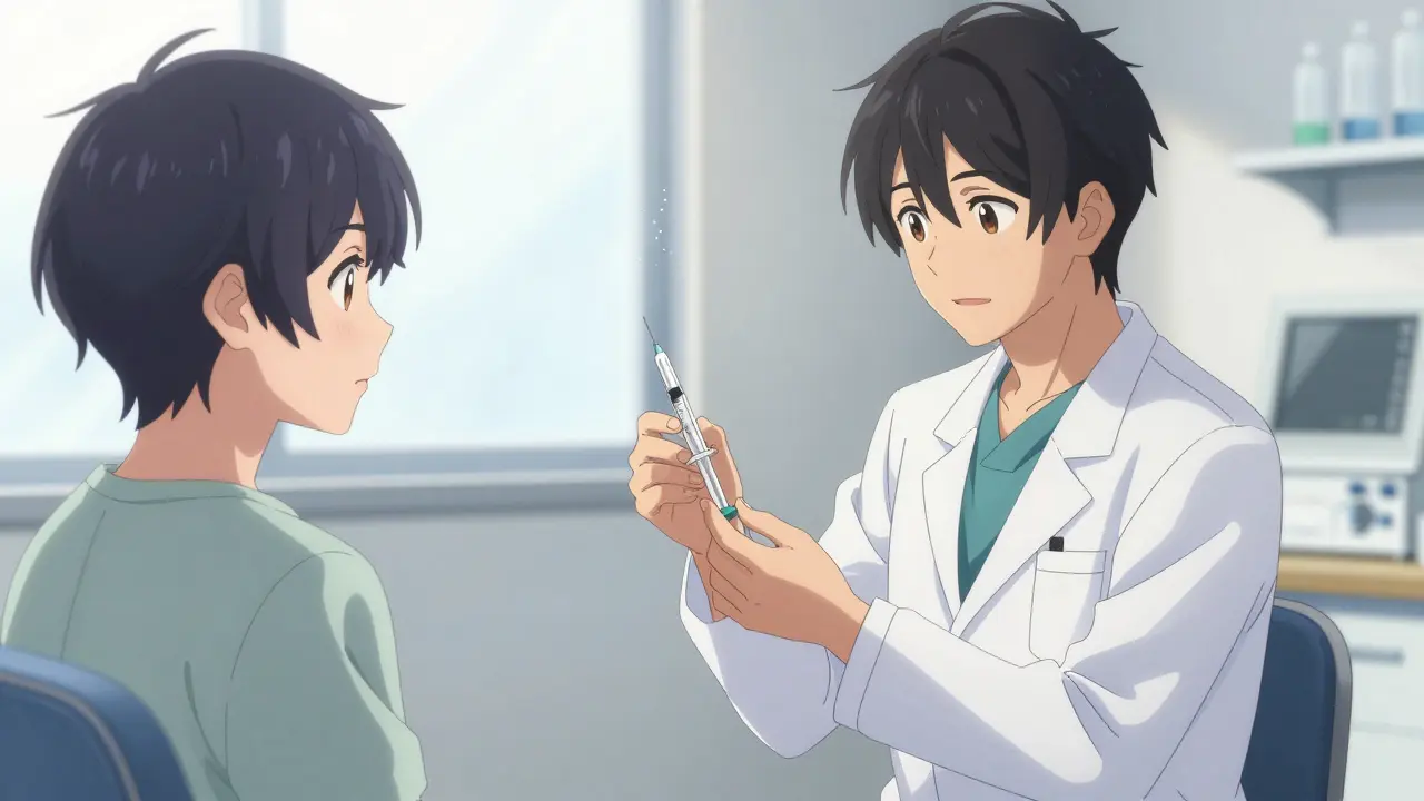 Doctor preparing injection for patient in a bright clinic room