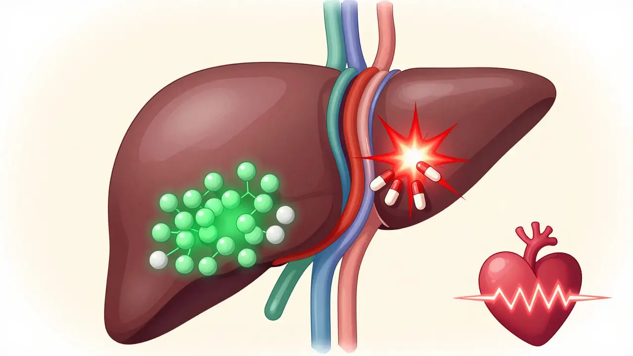 Liver with CYP3A4 enzyme pathways showing safe amlodipine flow versus dangerous verapamil blockage.