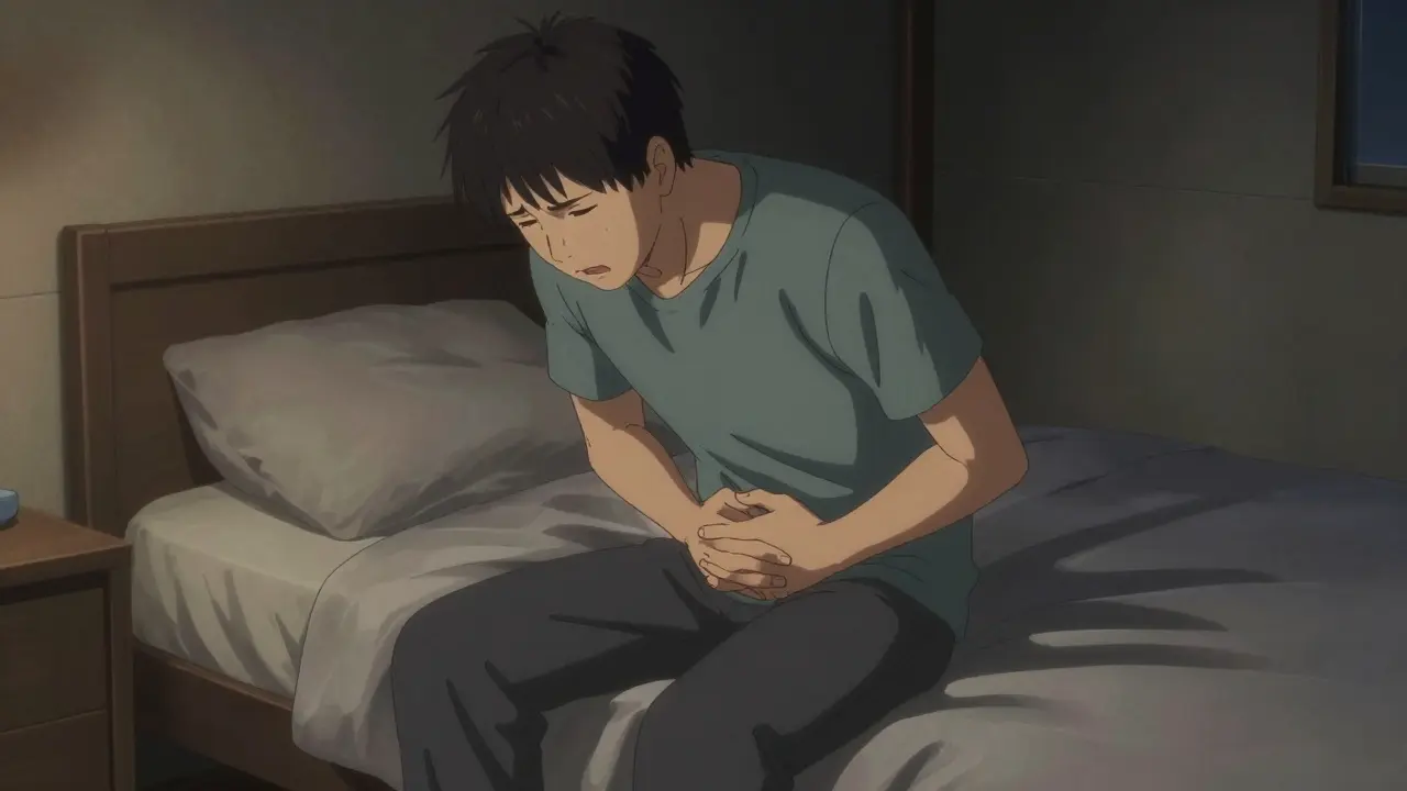 Man sitting on bed holding lower abdomen in discomfort in dim room.