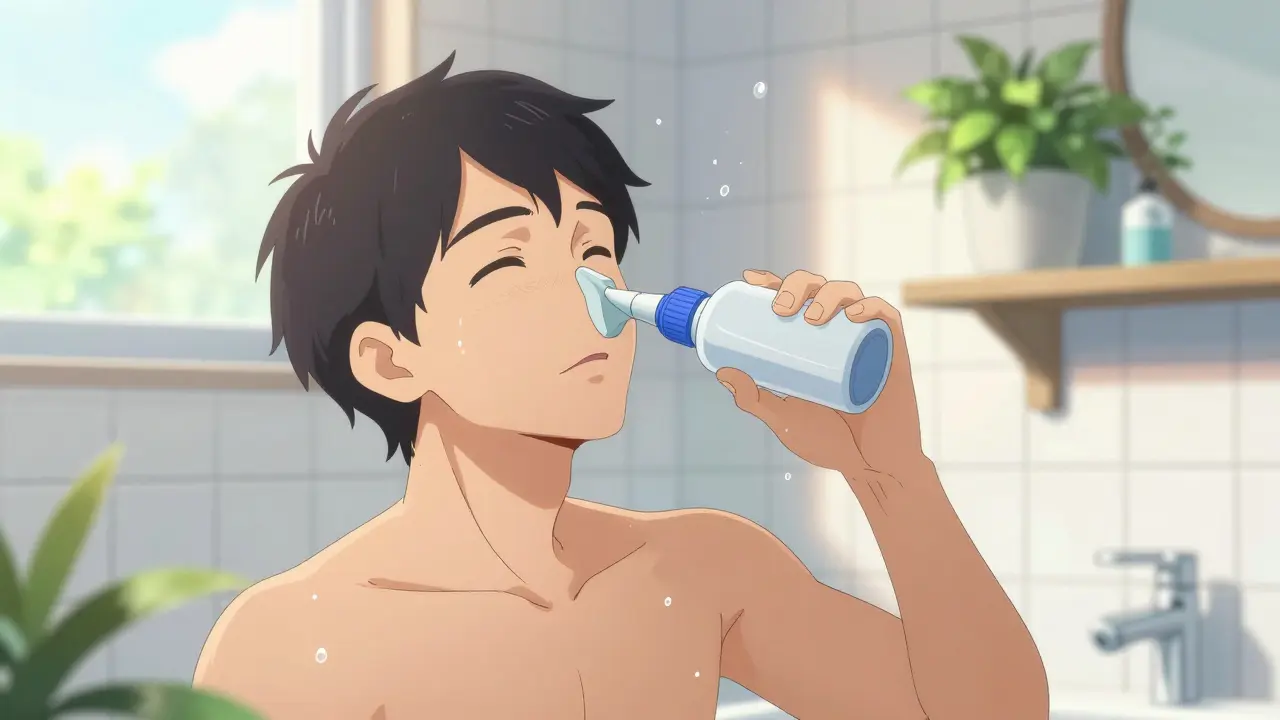 Man using saline nasal rinse in bright sunlit bathroom looking relieved.