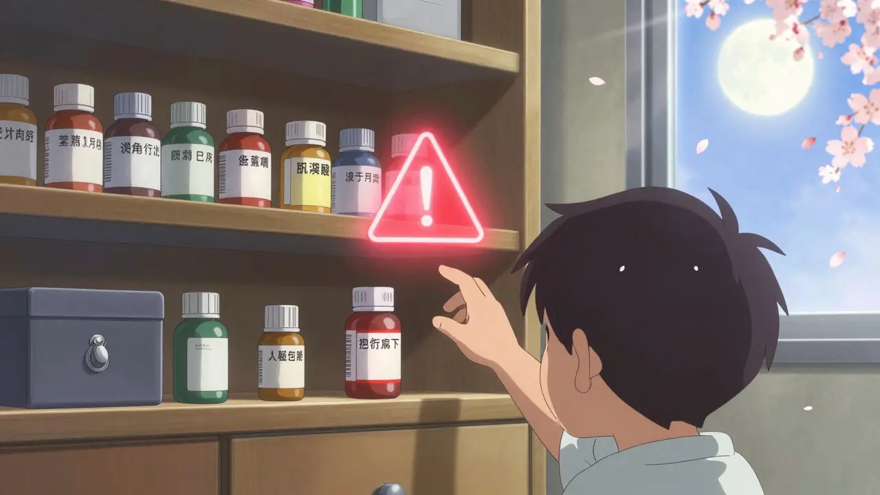 Medication bottles stored safely in a locked box, with a child reaching toward them as a warning symbol glows.
