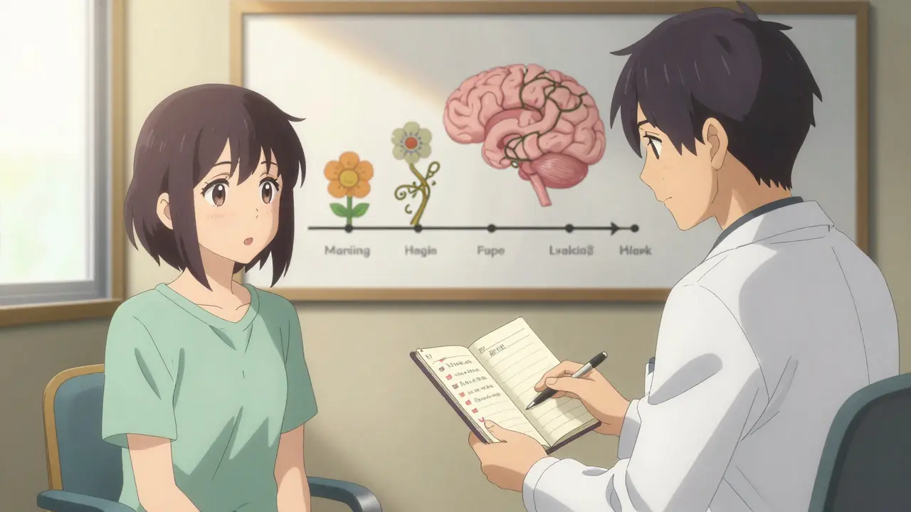 Patient and doctor discussing mood progress with a visual timeline of brain adaptation.