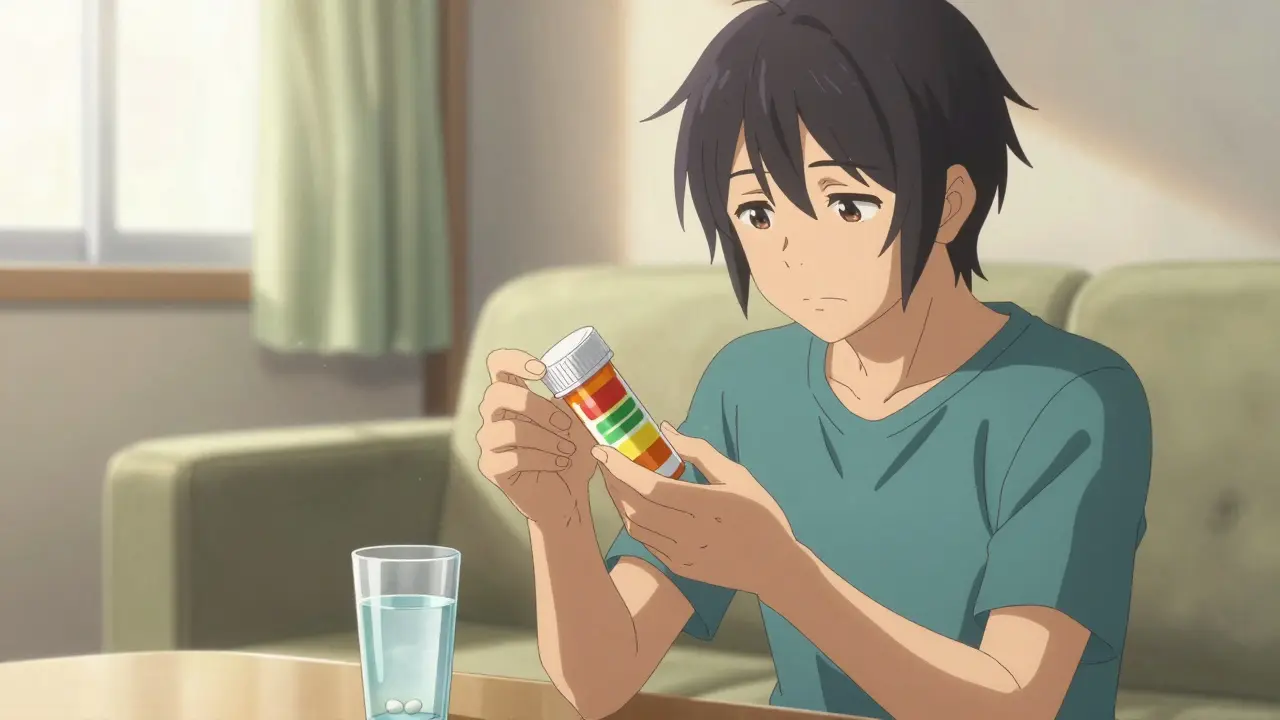 Patient examining medicine bottle stickers while pouring water into a glass.