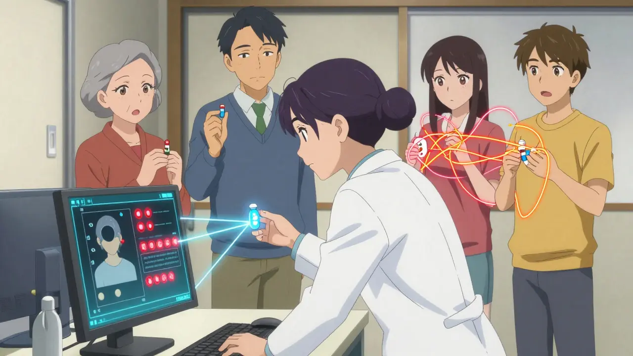 Pharmacist reviewing digital patient alerts with glowing drug interaction lines highlighting amlodipine as safest.