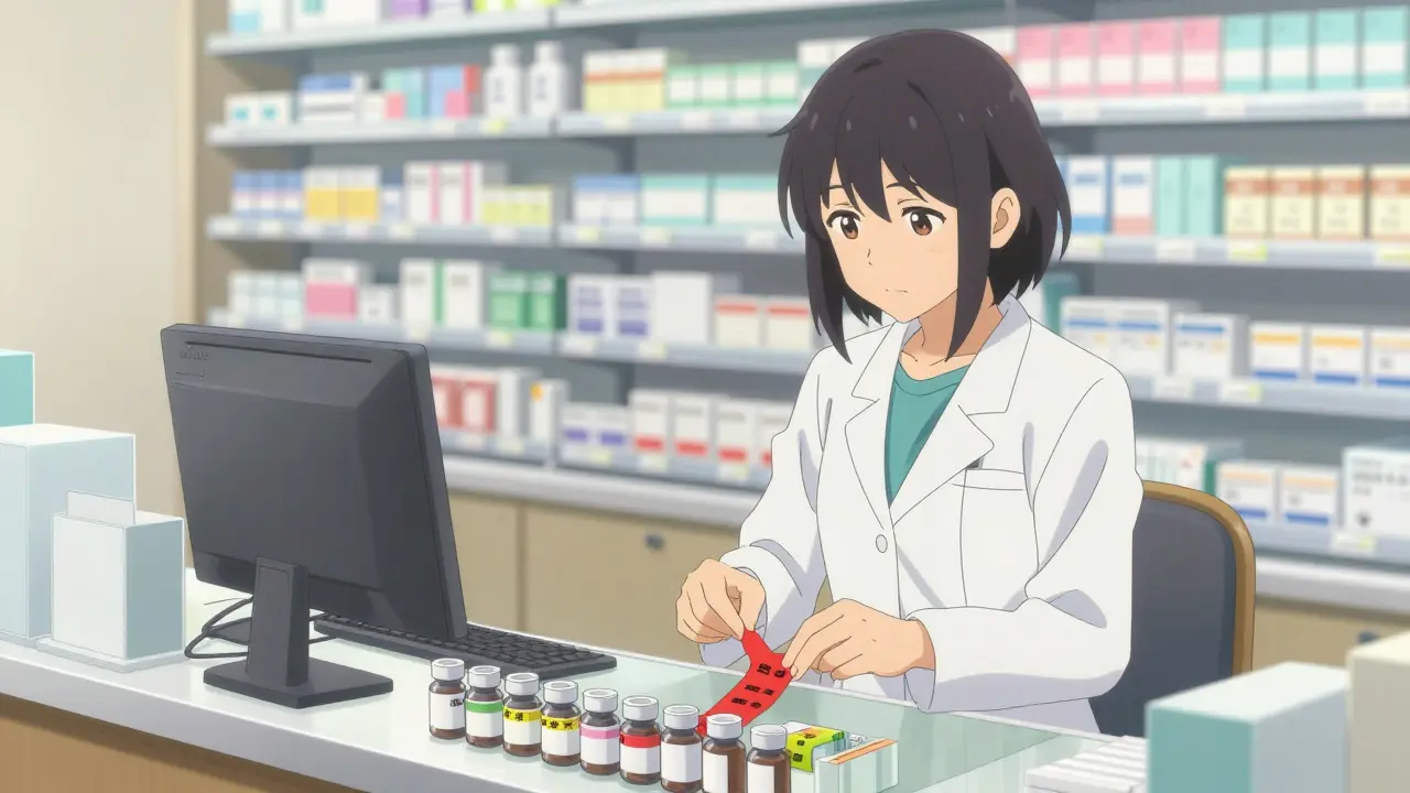 Pharmacist sorting colored warning stickers on prescription medication containers.