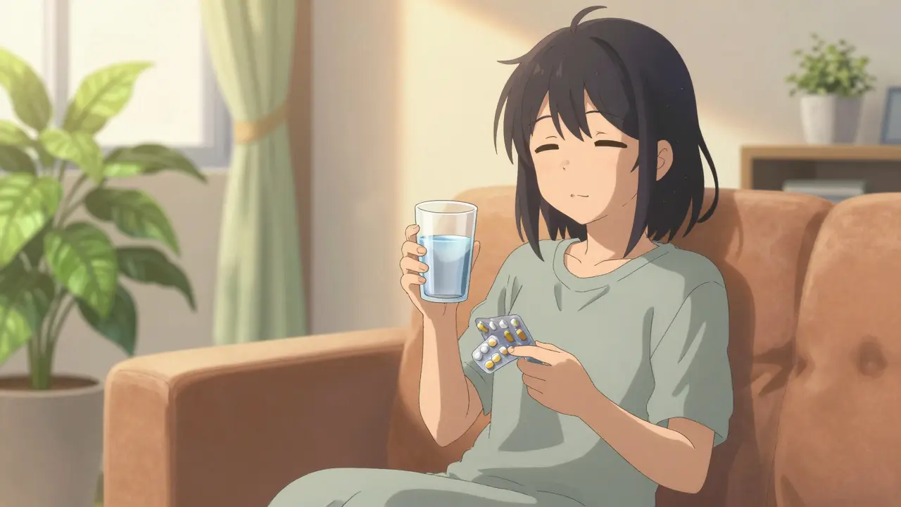 Relieved patient taking medicine at home in sunny living room