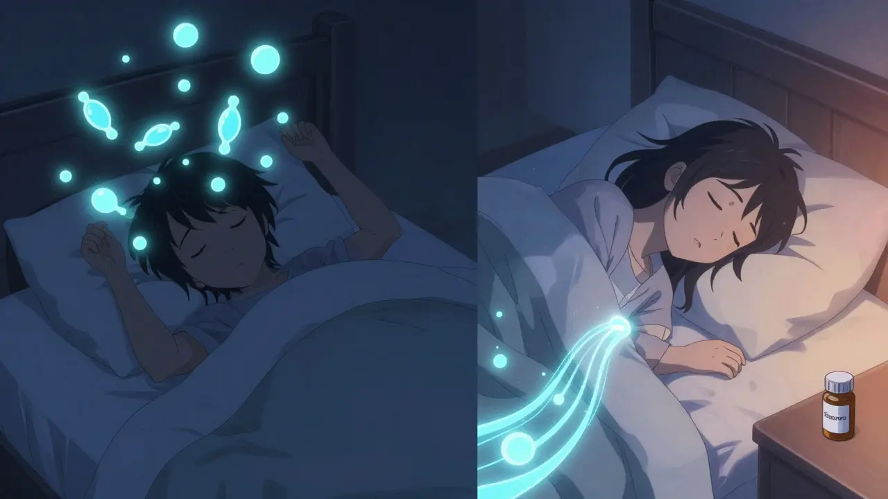 Split image showing nighttime anxiety versus peaceful sleep with serotonin symbolism.