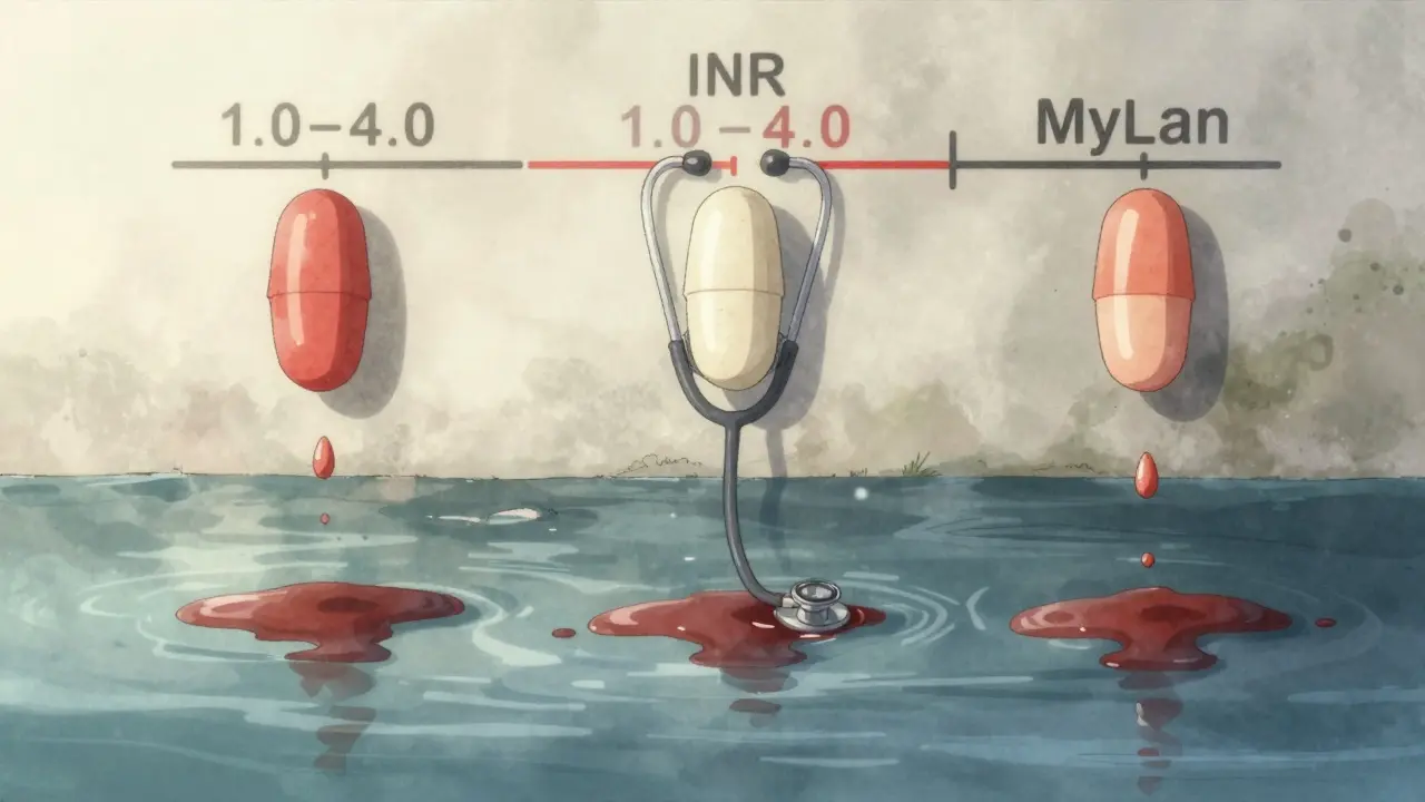 Three generic warfarin tablets float in a blood-colored river, casting shadows on an INR scale.