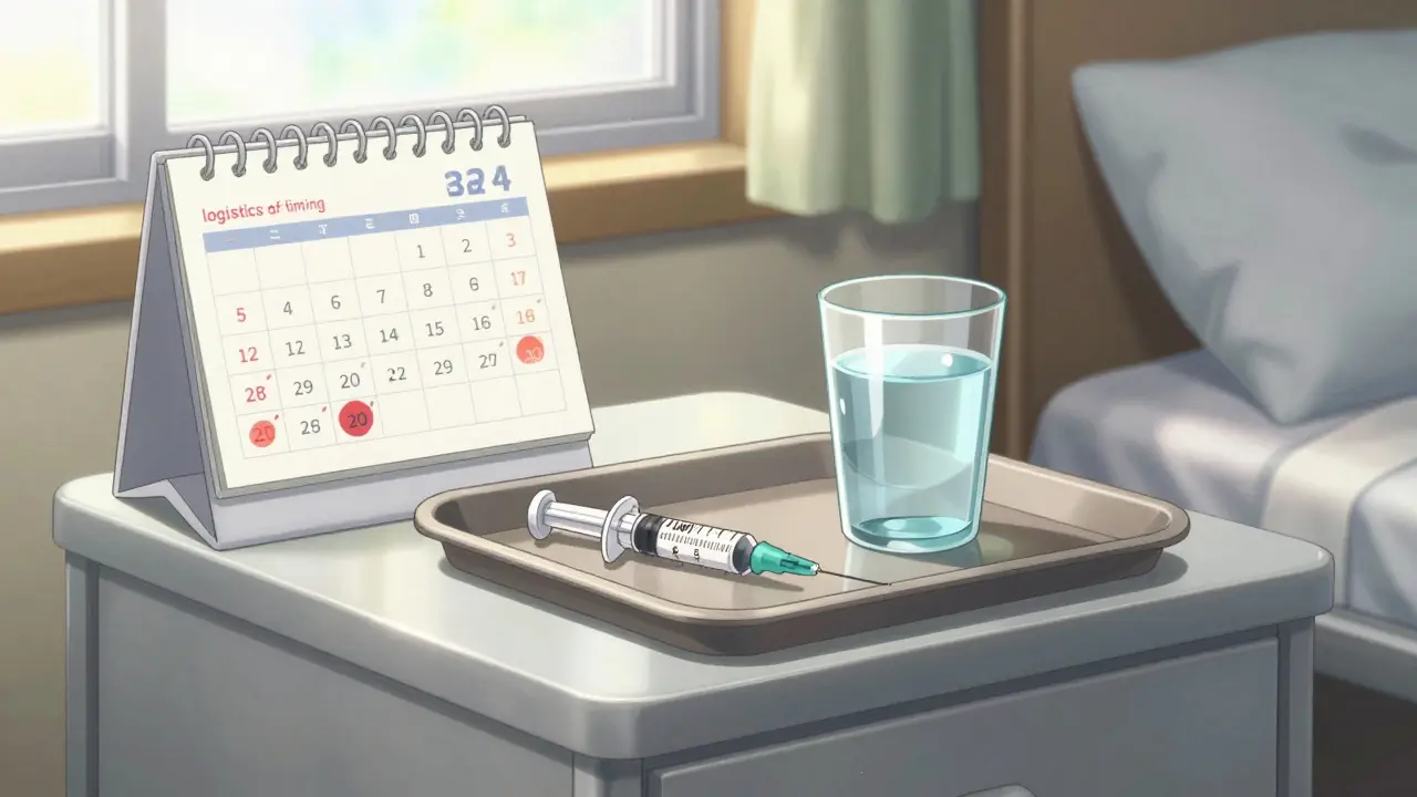 A bedside table with a marked calendar and a medical injection in anime style.