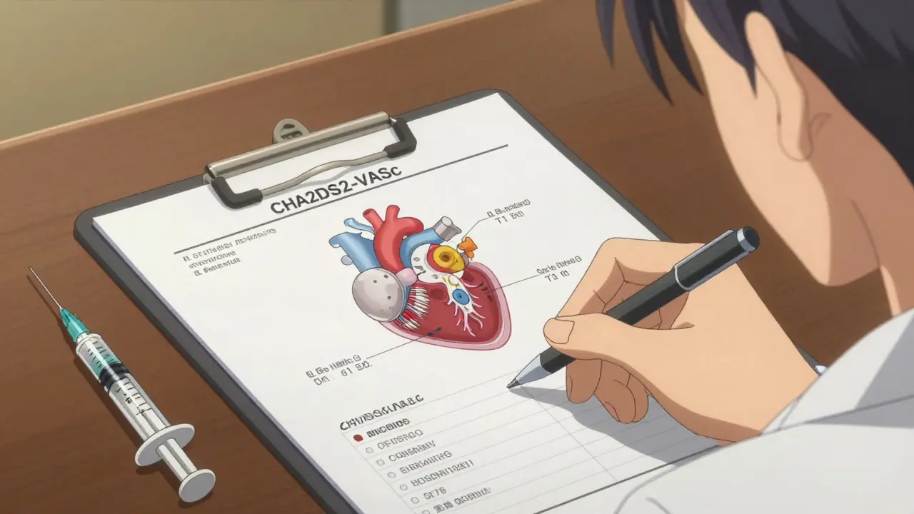 A doctor's desk with a heart valve diagram and a medical syringe in anime style.
