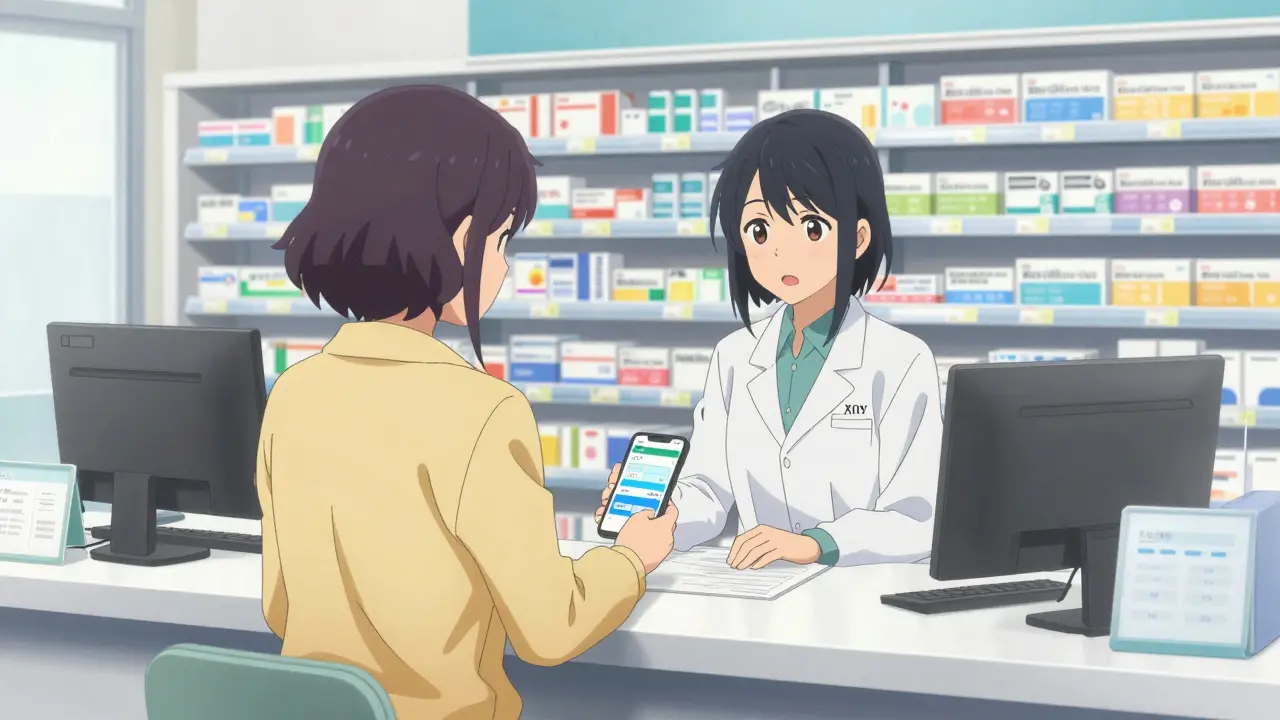 A person using a phone coupon at a bright, modern pharmacy counter.