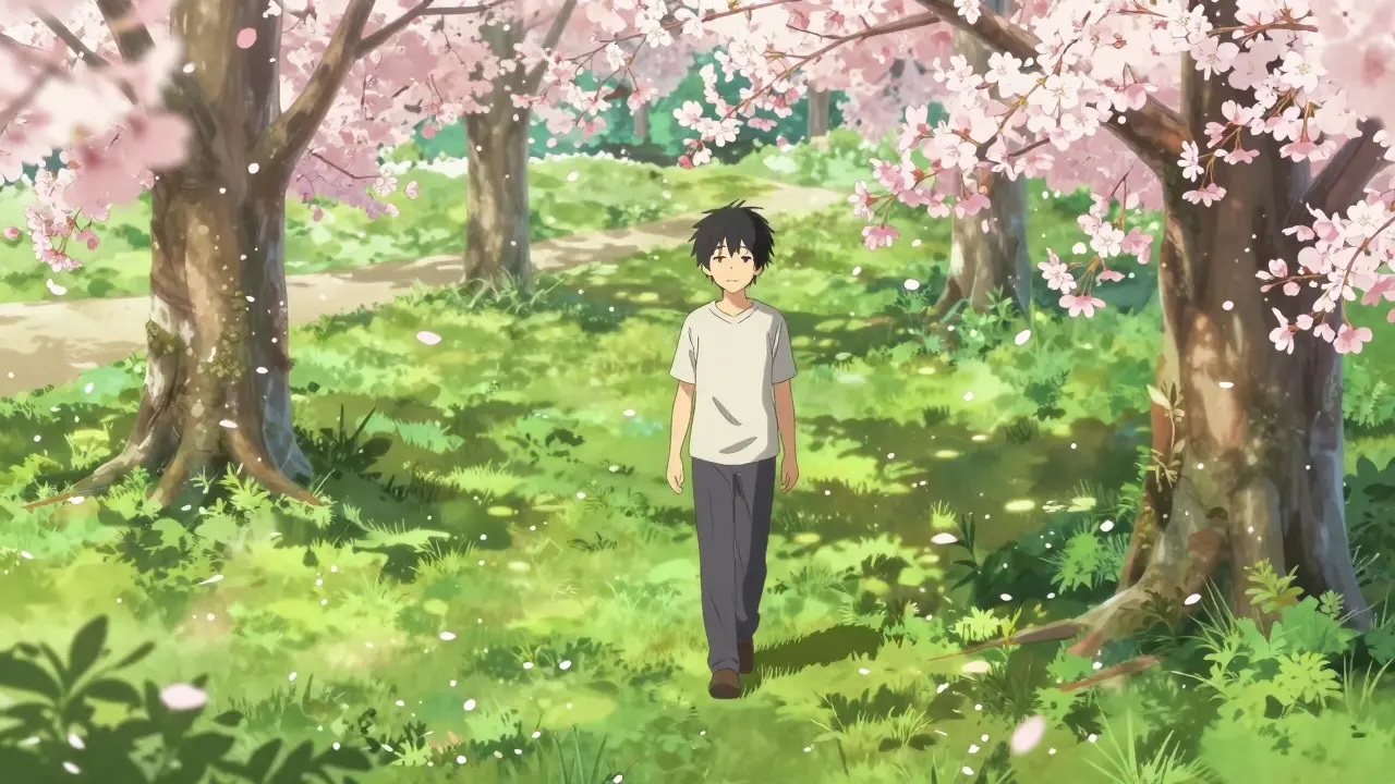 Anime character walking peacefully through a cherry blossom park, symbolizing mental well-being