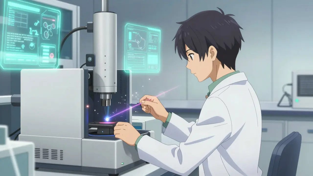 Anime scientist using a laser spectroscopy device to verify the authenticity of a medication