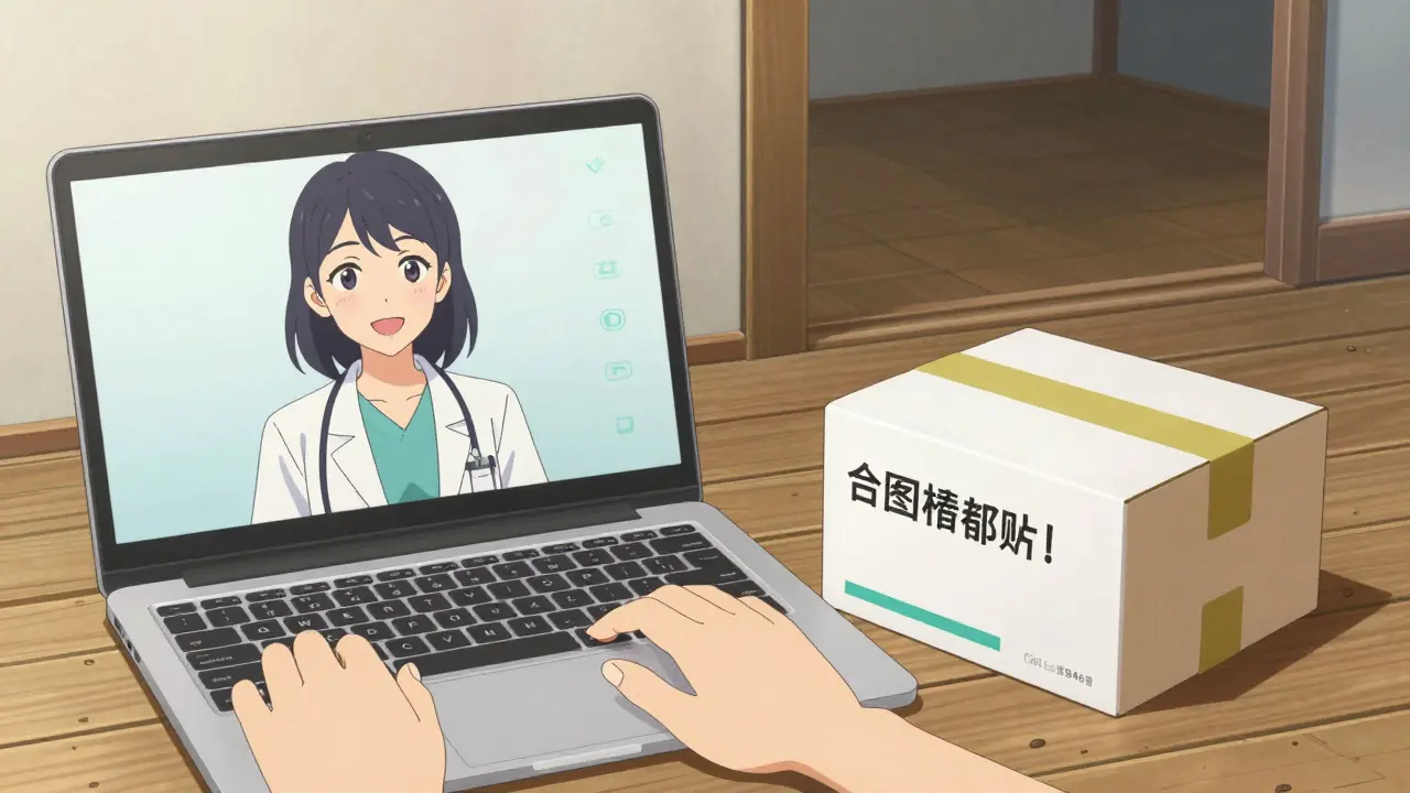 Anime split screen showing a telehealth doctor consultation and a delivered pharmacy package