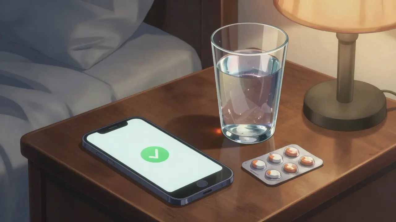 Anime style close-up of medication and a glass of water on a wooden table
