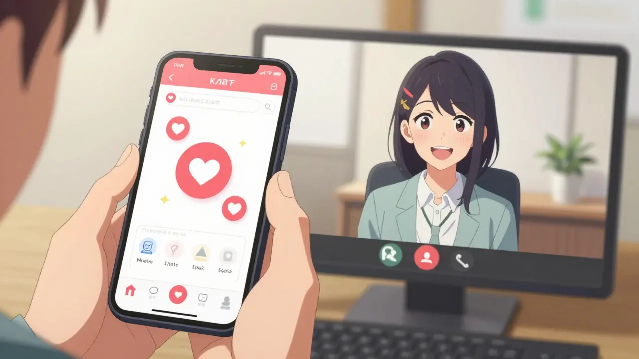 Anime style depiction of a person using a health app and video chatting with a mentor.