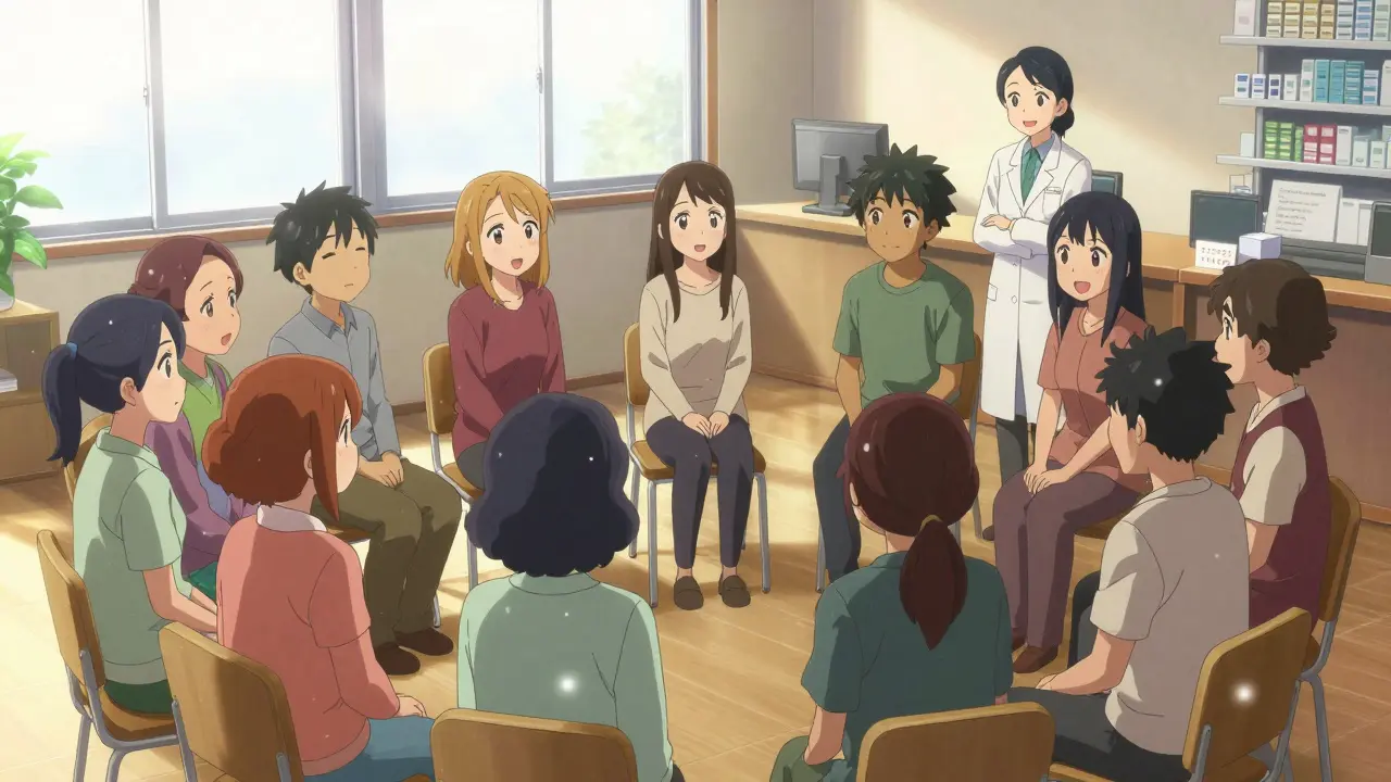 Anime style peer support group meeting in a sunny, welcoming community room.
