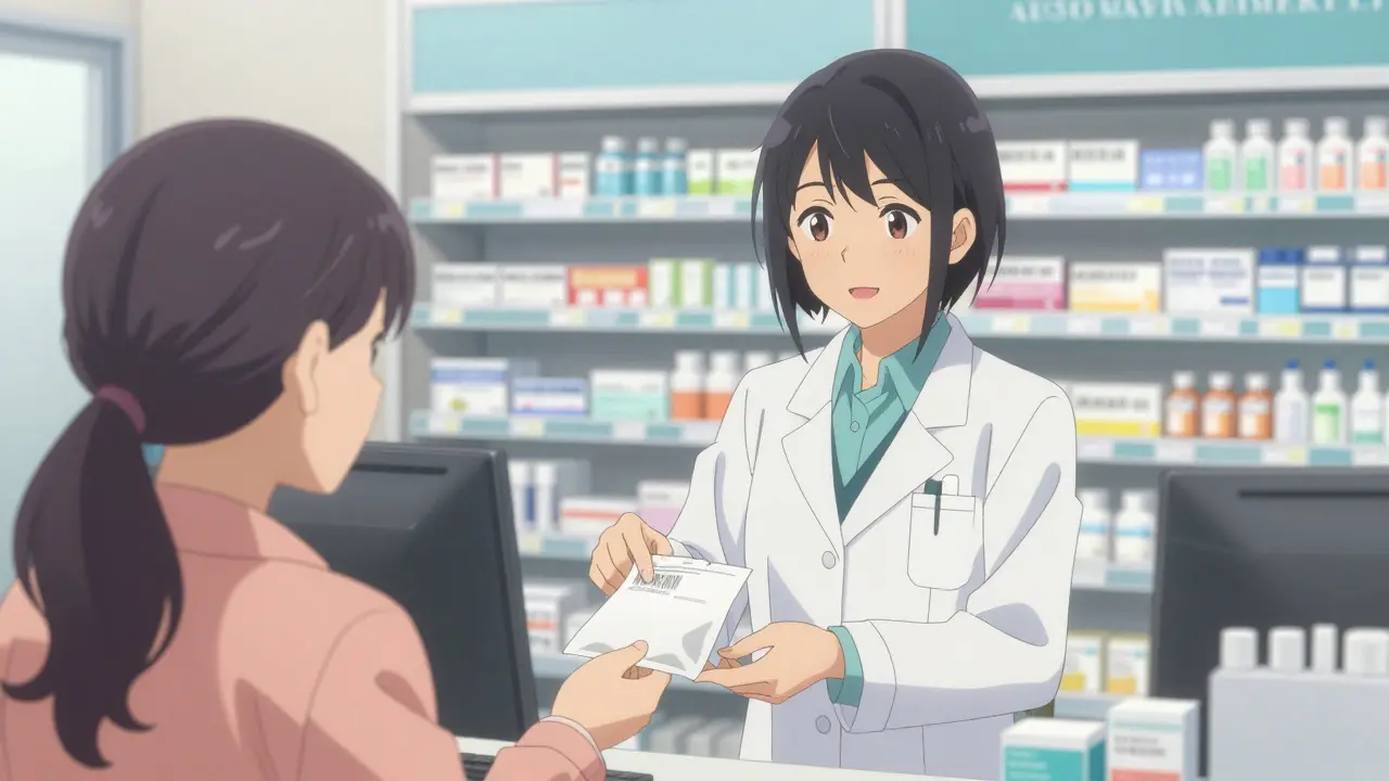 Anime style pharmacist handing a prescription bag to a customer in a bright pharmacy